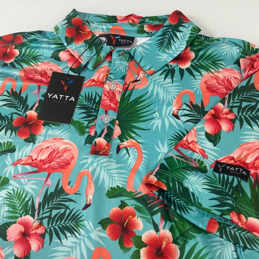 Yatta Golf Men's‎ Small Pau Hana Tropical Flamingo Hibiscus Print Polo Shirt NEW